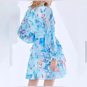 NWT Beulah Women's Tiered Floral Mini Dress S Ruffle Smocked Wrist long sleeve